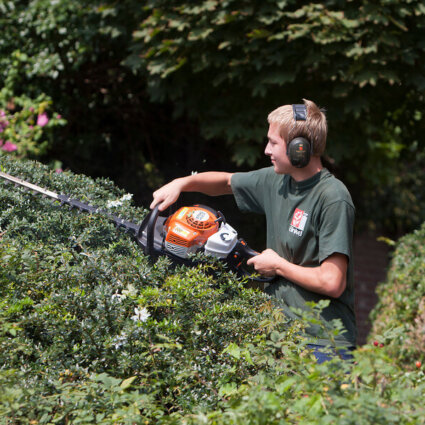 Man die heggen snoeit voor tuinonderhoud