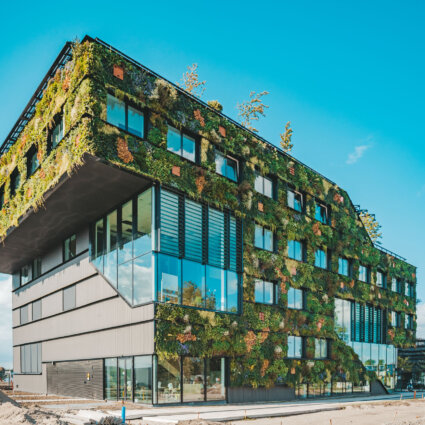 Groen gebouw vooraanzicht
